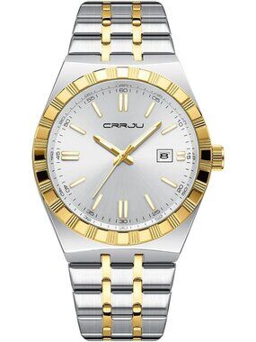 Crrju Men's Gold Luxury Luminous Analog Quartz Classic Calendar Silver Watch
